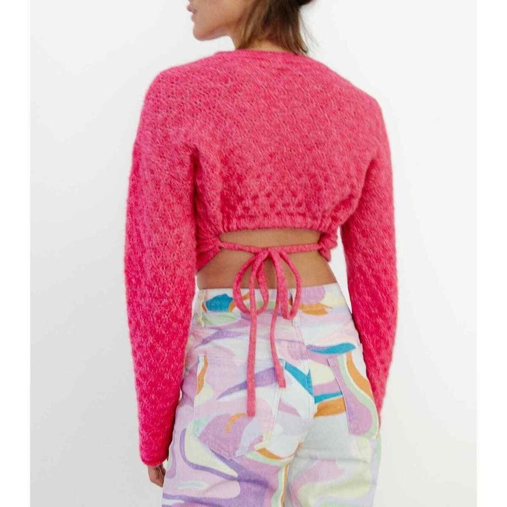 ZARA Open Back Knit Sweater L Cropped Tie Detail Pink Blogger favorite